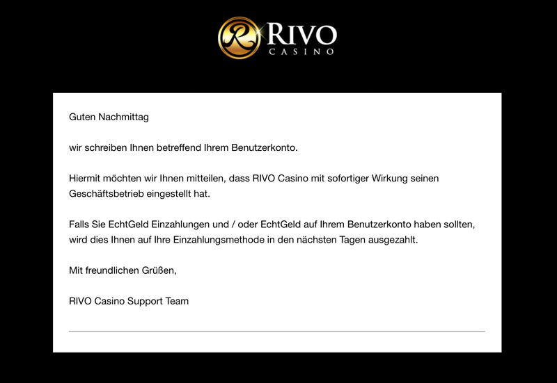 Rivo Casino geschlossen Support E-Mail